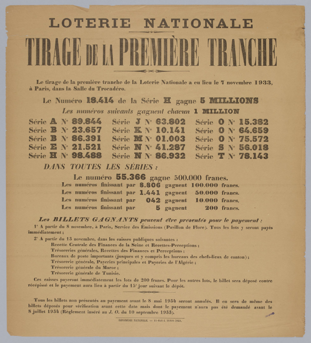 Ein Lotterielos mit dem Text "Loterie Nationale Tirage de la Première Tranche" darauf gedruckt.
