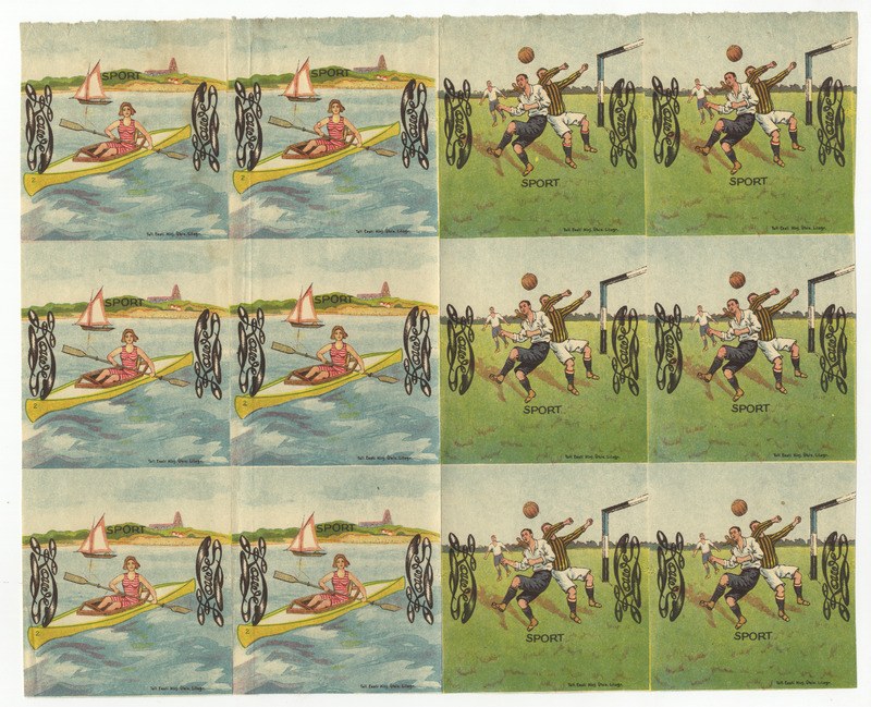 Collage von Bildern, die Menschen beim Fußballspielen und Boote auf dem Wasser zeigen, mit Individuals in Sportkleidung.