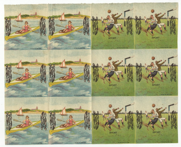 Collage von Bildern, die Menschen beim Fußballspielen und Boote auf dem Wasser zeigen, mit Individuals in Sportkleidung.