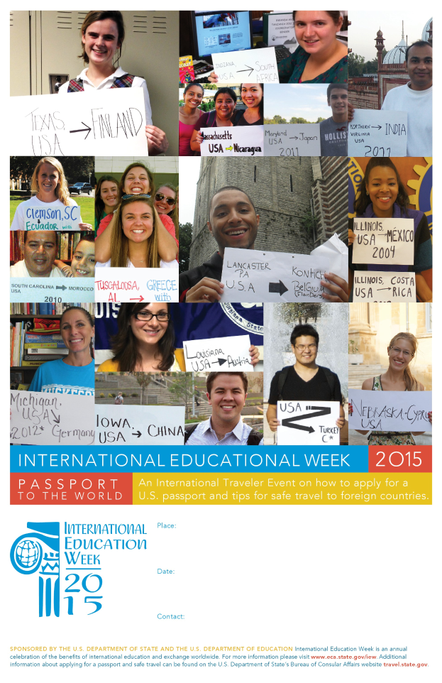 Ein Plakat für die Internationale Bildungswoche 2015, das eine Gruppe von Menschen mit Schildern zeigt, mit Texten, die Informationen zum Event liefern.