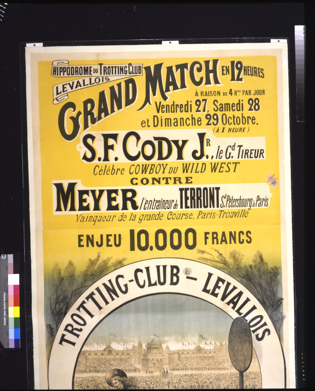 Alter Plakataufkleber für ein großes Match zwischen S.F. Cody und Meyer mit Textbeschreibung des Ereignisses.