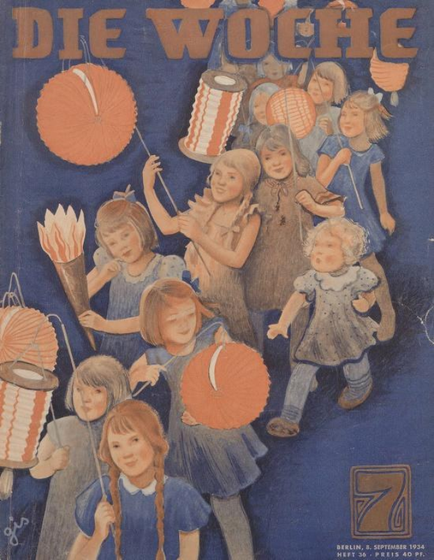 Titelbild der *Die Woche* Zeitschrift mit Kindern in traditioneller deutscher Tracht, die buntfarbige Laternen halten, feiernd am 7. September 1934 mit der Aufschrift "Die Woche" und "Frohes neues Jahr."