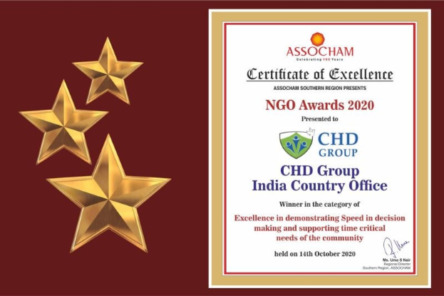 Auszeichnung für die NGO Awards 2020 an die CHD Group India Country Office, mit einem Schild-Logo mit einem zentralen Stern und einem Lorbeerkranz.