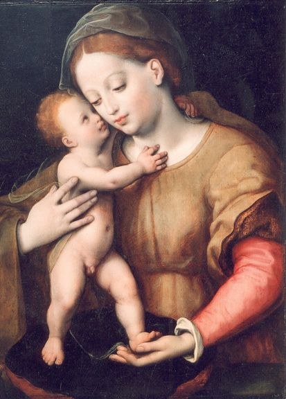 Gemälde mit dem Titel 'Madonna und Kind' von Giovanni Bellini zeigt eine Frau in einem weißen Gewand, die ein Baby in den Armen hält, beide mit sanften Gesichtern, vor dunklem Hintergrund.