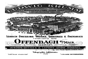 Schwarze und weiße Anzeige für Ludwig Krumm Ledergerberei, Gerbereien & Fabriken in Offenbach, Deutschland, mit einem Gebäude mit Text.