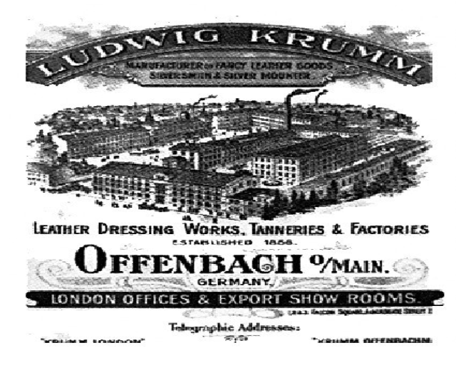 Schwarze und weiße Anzeige für Ludwig Krumm Ledergerberei, Gerbereien & Fabriken in Offenbach, Deutschland, mit einem Gebäude mit Text.