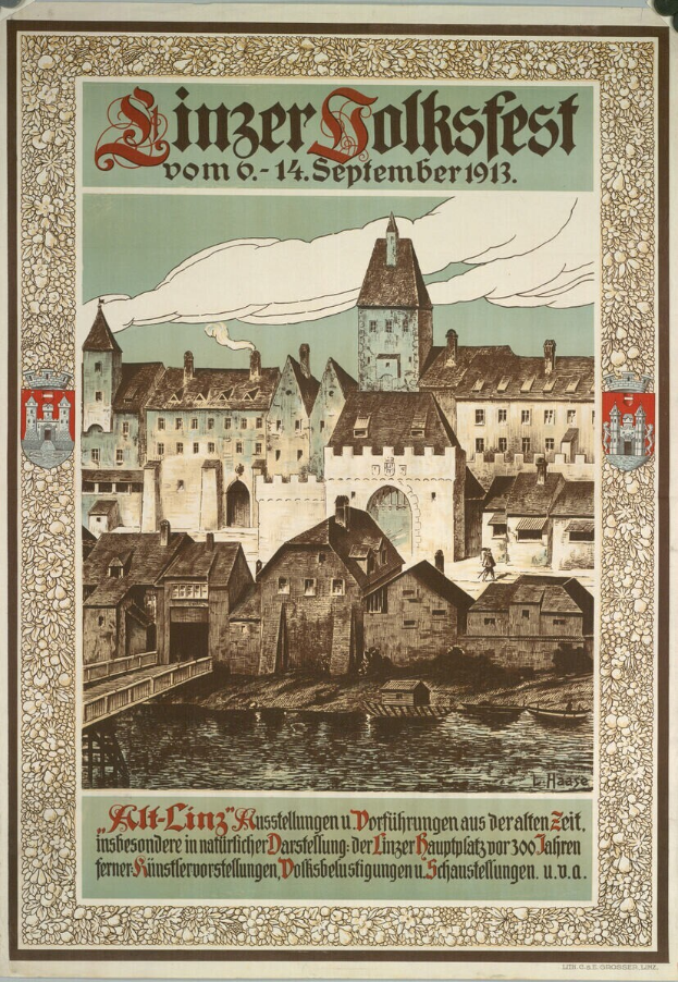 Ein Vintage-Plakat, das ein deutsches Fest ankündigt und ein Schloss zwischen Häusern zeigt.