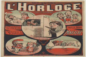 Plakat für ein Konzert im Chorloge-Theater in Paris mit einer Gruppe in farbenfrohen Kostümen umgeben von Text.