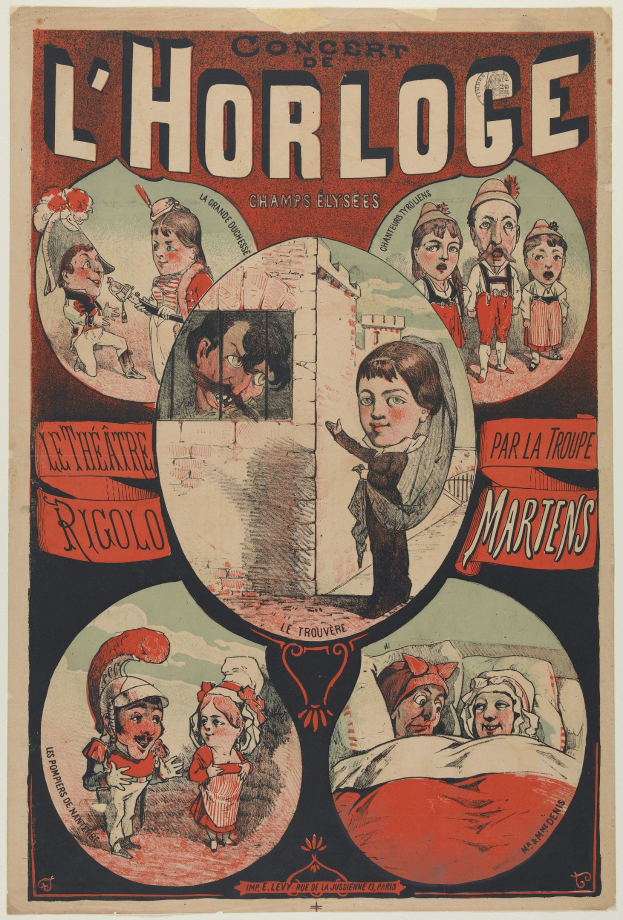 Plakat für ein Konzert im Chorloge-Theater in Paris mit einer Gruppe in farbenfrohen Kostümen umgeben von Text.