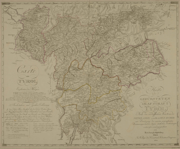 Alte detaillierte Karte von Tirol, Deutschland, mit Städten, Dörfern, geografischen Merkmalen, Straßen, Sehenswürdigkeiten und Textanmerkungen.