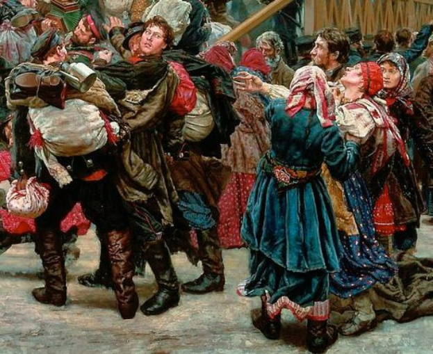 Gemälde von Menschen in traditioneller russischer Kleidung, die vor einer Menge tanzen, einige halten Gegenstände, mit einem hölzernen Haus im Hintergrund, das eine lebhafte Szene aus der russischen Revolution heraufbeschwört.