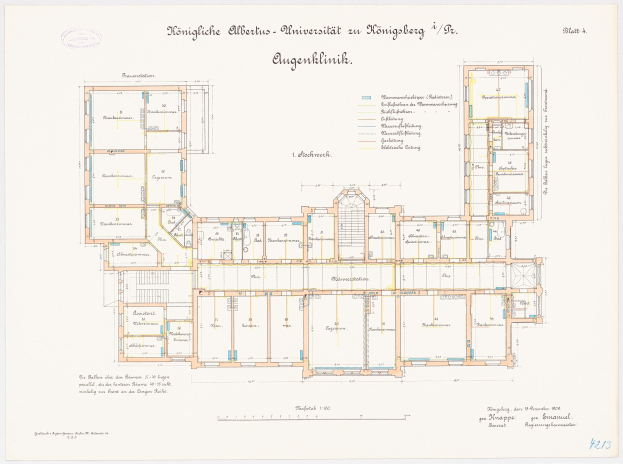 Schwarz-weißer architektonischer Grundriss eines mehrräumigen Gebäudes mit beschrifteten Abschnitten, einschließlich des Hauptsaals der Universität Köln, mit Text annotiert.