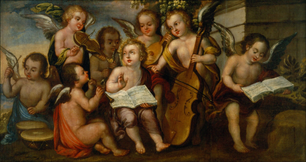 Gemälde von Kindern, die musikalische Instrumente spielen und Bürcher halten, mit Bäumen und einer Wand im Hintergrund.
