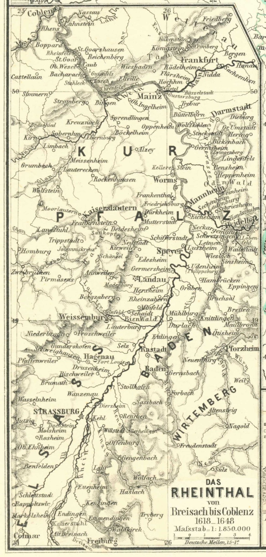 Ein detaillierter alter Plan der Rhine in Deutschland, der Flüsse, Städte und Gewässer zeigt, mit Text oben und unten, der geografische Informationen bereitstellt.