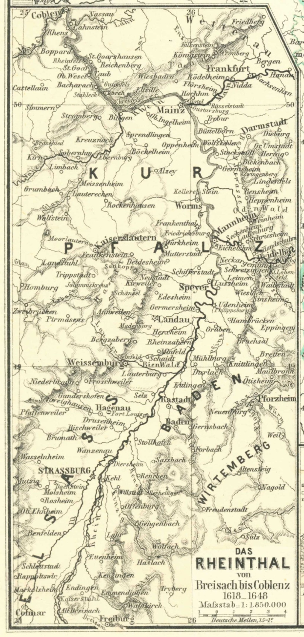 Ein detaillierter alter Plan der Rhine in Deutschland, der Flüsse, Städte und Gewässer zeigt, mit Text oben und unten, der geografische Informationen bereitstellt.