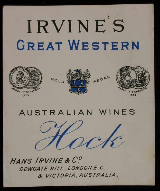 Plakatwerbung für "Irvines Große Western Australian Wines Hock" mit Unternehmenslogos und Weinart-Darstellungen.