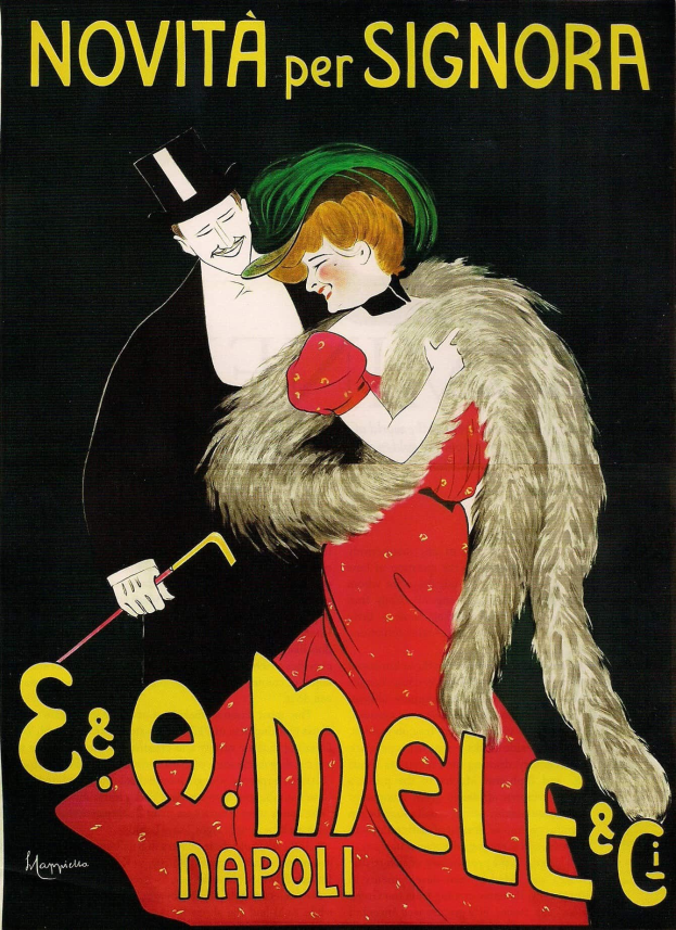 Filmplakat mit einer Frau in einem langen roten Kleid mit hohem Kragen und langen Ärmeln, die vor einem Mann in einem schwarzen Anzug gegen einen tiefblauen Hintergrund mit Sternen steht.