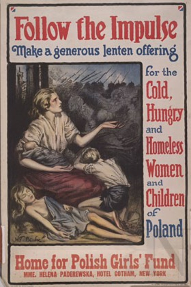 Ein Plakat mit einer Frau in einem weißen Kleid mit ausgestreckten Armen über zwei Kindern, die auf dem Boden liegen, mit der Aufschrift "Folgen Sie dem Impuls - Machen Sie ein großzügiges Osteropfer für die Kälte, Hungernden und Obdachlosen Frauen und Kinder Polens" darüber.