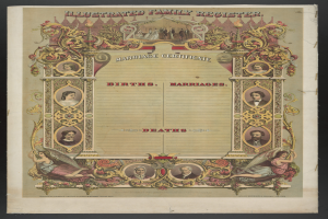 Ein illustrierter Familienstammbuch-Eintrag für Hochzeiten mit schwarzem Hintergrund, der Bilder von Menschen und den Text "Geburten, Hochzeiten, Todesfälle" zeigt.