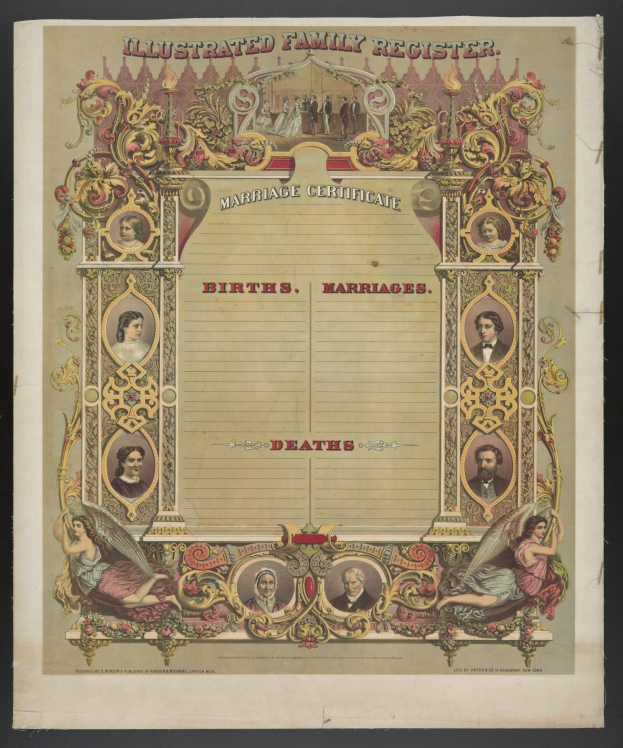 Ein illustrierter Familienstammbuch-Eintrag für Hochzeiten mit schwarzem Hintergrund, der Bilder von Menschen und den Text "Geburten, Hochzeiten, Todesfälle" zeigt.