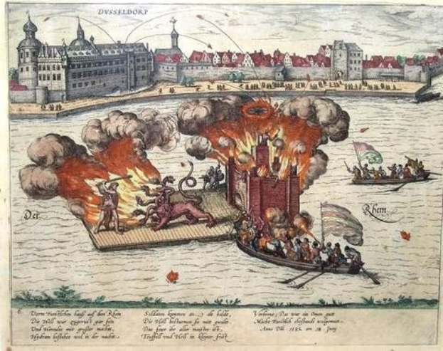 Gemälde, das die Belagerung von Dresden 1685 zeigt, mit einem Feuer auf Wasser und einem Boot voller Menschen, umgeben von Gebäuden, Bäumen und Himmel.