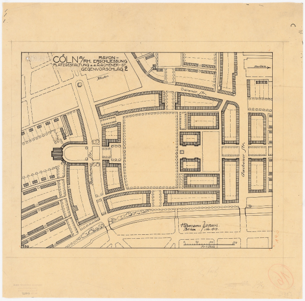Alte Karte von Köln, Deutschland, zeigt detailliertes Gebäude layout mit handgeschriebenen Textanmerkungen.