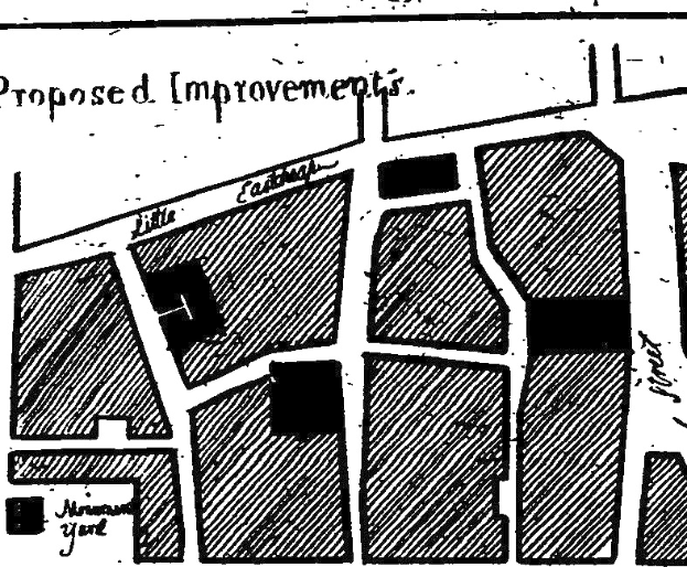 Schwarze und weiße Stadtkarte mit der Beschriftung "Vorgeschlagene Verbesserungen", die Straßen, Geb├Ąude und Landmarken zeigt.