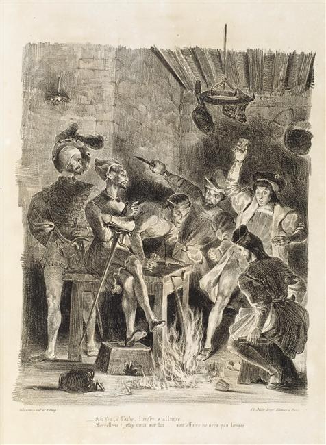 Schwarze und weiße Radierung, die eine Gruppe verzweifelter Menschen zeigt, die sich um ein Feuer scharen, wobei einige am Boden liegen und andere stehen, vor einer Wand, mit der Aufschrift "Der Tod des Königs von England" unten.