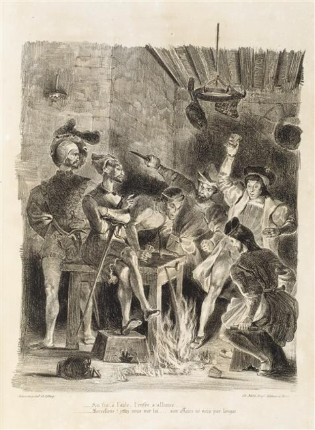 Schwarze und weiße Radierung, die eine Gruppe verzweifelter Menschen zeigt, die sich um ein Feuer scharen, wobei einige am Boden liegen und andere stehen, vor einer Wand, mit der Aufschrift "Der Tod des Königs von England" unten.