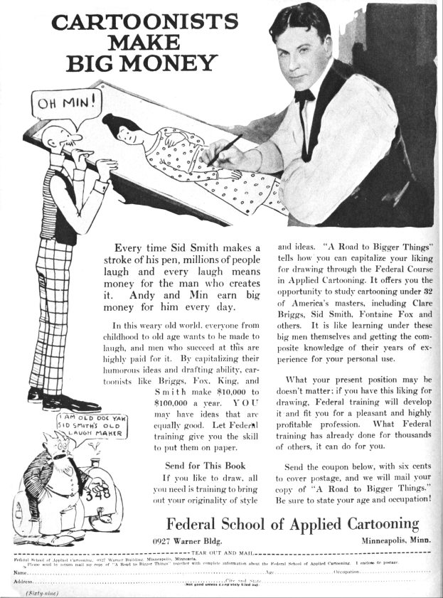 Anzeige für die Bundesakademie für Angewandte Karikatur, die einen Mann im Smoking zeigt, der von einer Frau im Kleid und einem anderen Mann flankiert wird, mit der Aufschrift "Karikaturisten verdienen viel Geld."