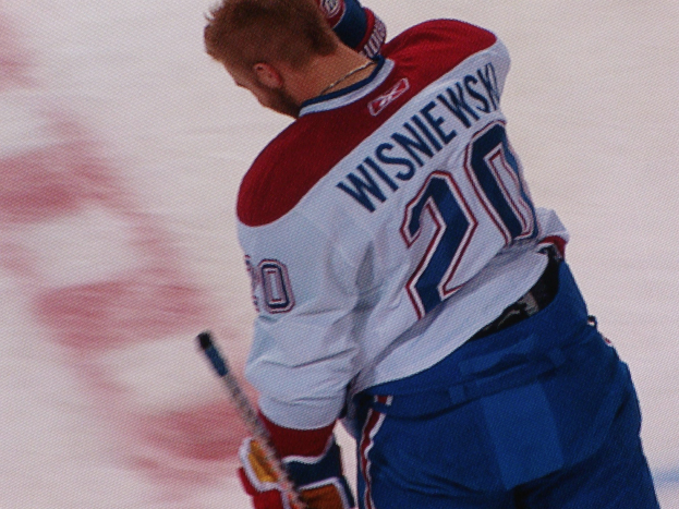 Professioneller Eishockeyspieler mit einem "Wisniewski"-Trikot, der einen Hockey-Schläger auf dem Eis hält und konzentriert schaut.