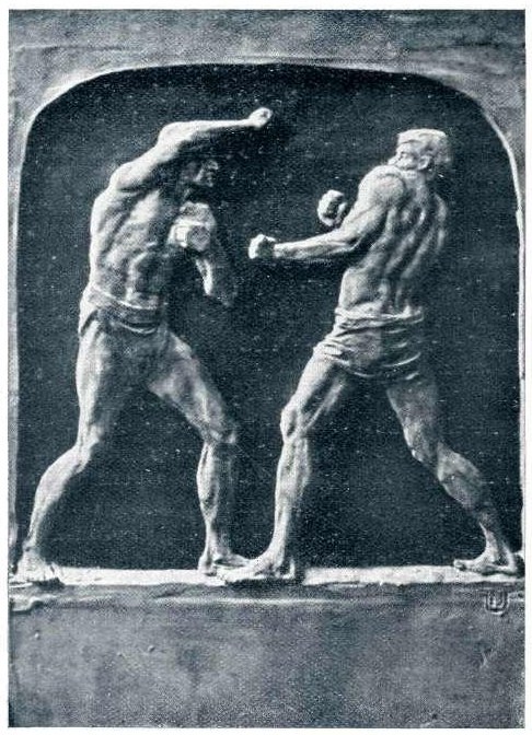 Schwarzes und weißes Foto von zwei Boxern im Ring, umgeben von einer angespannten Menge.