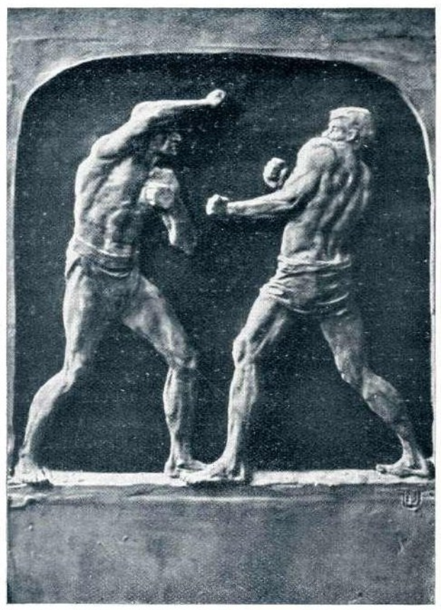 Schwarzes und weißes Foto von zwei Boxern im Ring, umgeben von einer angespannten Menge.