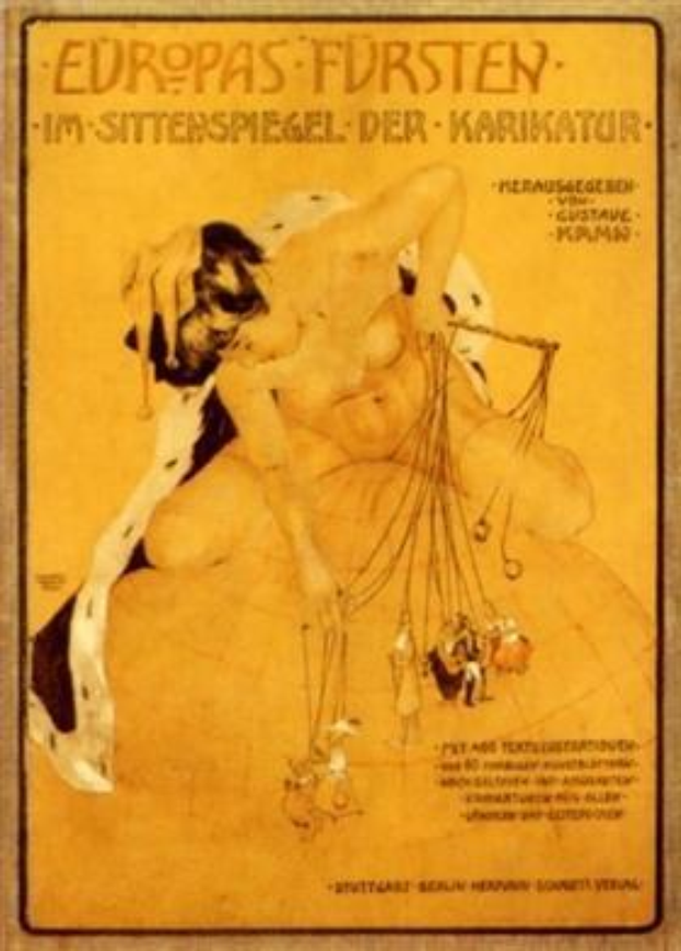 Plakat, das eine Zirkusnummer mit einer Frau in einem Bikini und einem Mann in einer Badehose ankündigt, mit der Überschrift "Europas Fursten - Im Sittenspiegel der Karikatur" auf Deutsch.