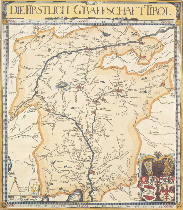 Detailreiches historisches Plakat der ersten deutschen Grafschaft Tirol-Karte, das geografische Merkmale wie Flüsse, Berge und Städte mit begleitendem Text zeigt.