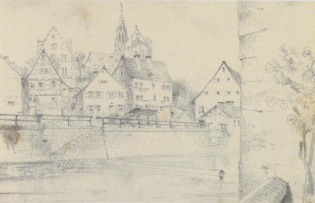 Ein Bleistiftbild mit dem Titel "Nürnberg, Deutschland" von Joseph Mallord William Turner, das eine Stadtlandschaft mit einem Fluss, Geb├Ąuden, B├Ąumen und einer Brücke zeigt.