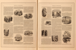 Offenes Buch mit Seiten, die Landschaften wie Berge, Flüsse und Wälder zeigen, neben beschreibendem Text.