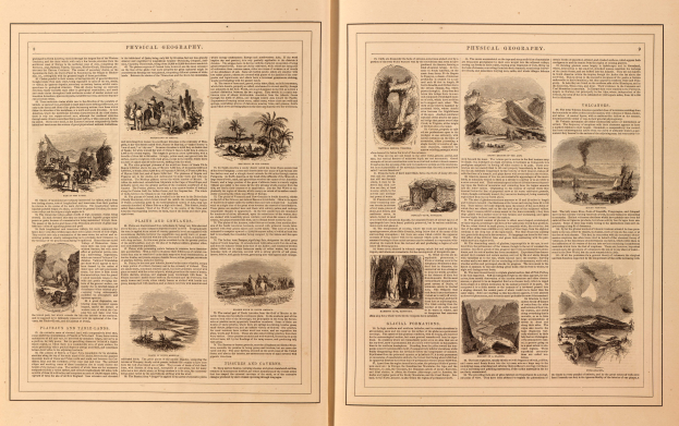 Offenes Buch mit Seiten, die Landschaften wie Berge, Flüsse und Wälder zeigen, neben beschreibendem Text.