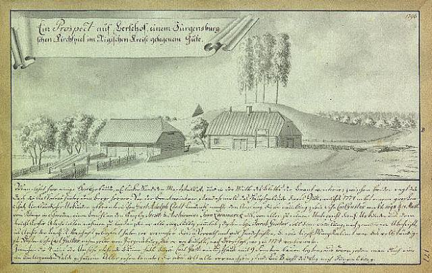 Ein altes Dokument, das einen Hof in einem Feld umgeben von Häusern, Bäumen und Himmel zeigt, beschriftet mit "Surgensburg, Deutschland - Landschaft eines Hofs".
