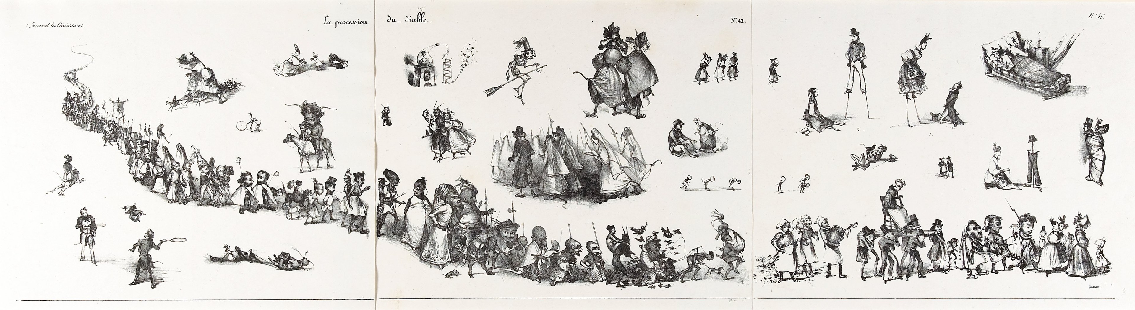 Schwarze und weiße Illustration einer Gruppe von Menschen, die tanzen, Instrumente spielen und interagieren, mit begleitendem Text auf einer Buchseite.