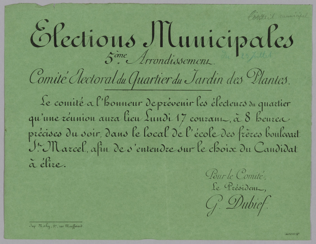 Grünes Blatt mit "Elections municipales" darauf vor weißem Hintergrund.