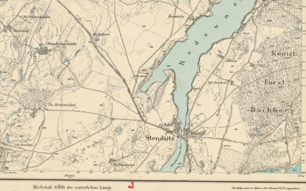 Detailierte alte Karte von Stendsitz, Deutschland, zeigt Straßen, Gebäude, Sehenswürdigkeiten und einen Fluss, mit Text zu Bevölkerung, Dichte und Lage.