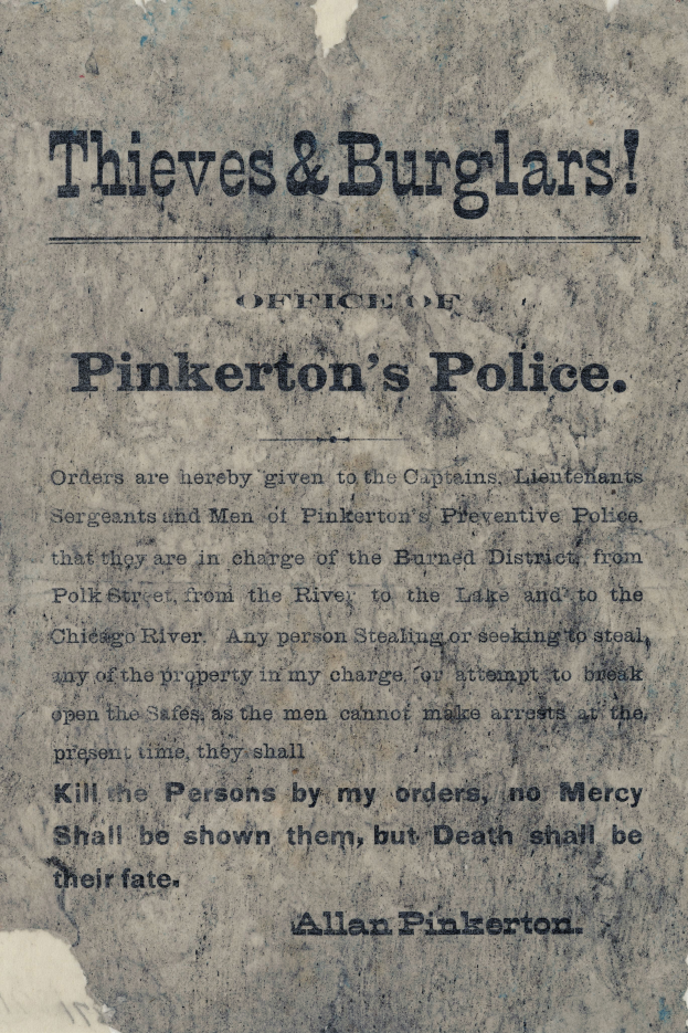 Ein Plakat mit fetter schwarzer Schrift, die 'Diebe & Einbrecher Pinkertons Polizei' auf einem weißen Hintergrund liest. Der Rahmen ist schwarz und schmal.