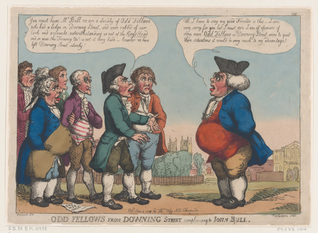 Cartoon von einer Gruppe von Menschen vor einem Gebäude mit Bäumen und Himmel, mit Text unten lesend 'odd fellows from downing street complaining to John Bull'.