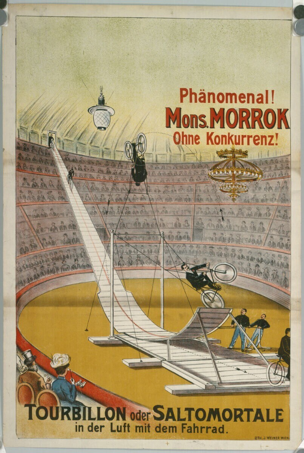 Ein Zirkusposter mit einem Mann in der Luft auf einem Trampolin, mit Text, der den Zirkus und seine Attraktionen beschreibt.