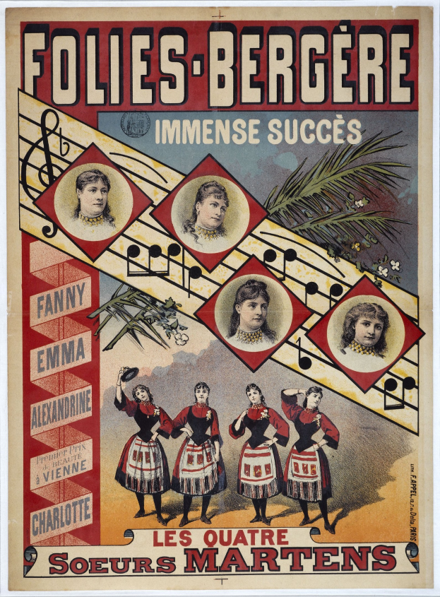 Ein buntes Plakat für die Folies-Bergère und Immense Succès-Veranstaltung, das Bilder von verschiedenen Menschen und auffällige Texte in einem lebendigen, dekorativen Design zeigt.