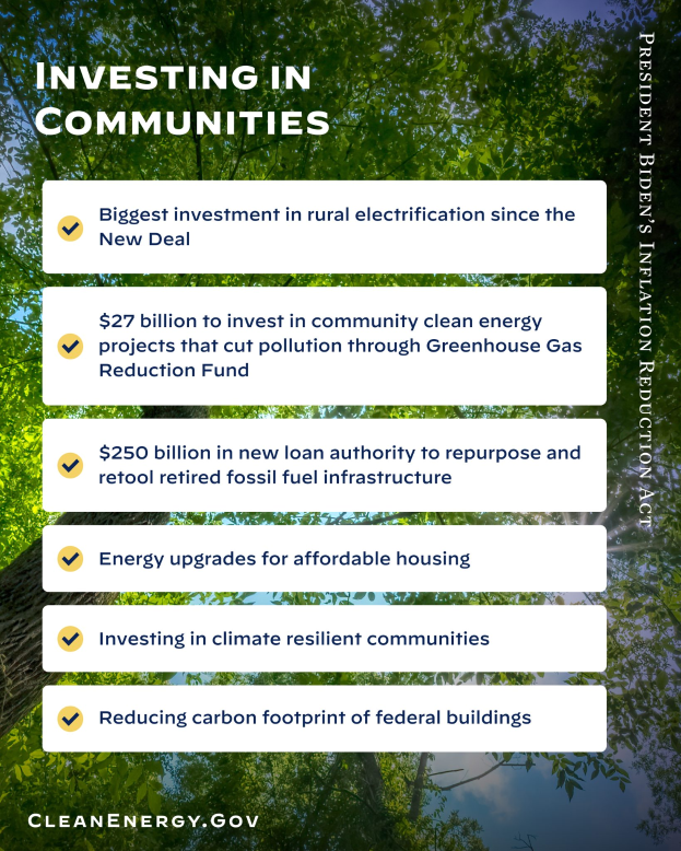 Ein Plakat mit Bäumen und Himmel im Hintergrund, auf dem der Text 'Investing in Communities: Biggest Investment in Rural Electricity Since the New Deal' steht.