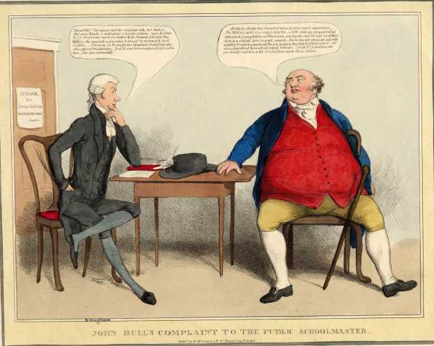 John Bull sitzt an einem Tisch mit Papieren und einem Hut, gegenüber einer anderen Person, mit einer Tür und einem Papier an der Wand im Hintergrund.