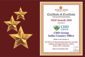 Auszeichnung für das Projekt 'Chd Group India Country Office' mit Text und Logo auf einem Schild mit einem zentralen Stern und Lorbeerkranz, links mit drei Sternen markiert.