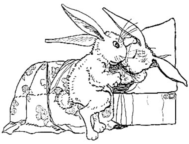 Schwarze und weiße Zeichnung von zwei Hasen, die auf einem Sofa sitzen und von einem Kissen gestützt werden, umgeben von österlich-themenfarbigen Malvorlagen, darunter Eier und Hasen auf einem weißen Hintergrund.